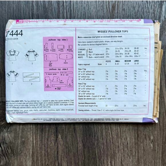 Vintage 1970s Simplicity 7444 Sewing Pattern Womens Size Sm Set of Tops COMPLETE - Picture 2 of 2